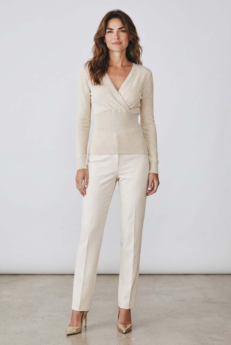 Cache Metallic Thread V-Neck Wrap Sweater Beige XS